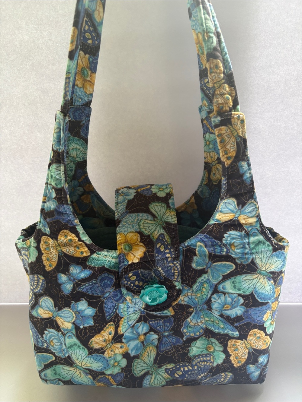 Handmade Quilted Butterfly & Floral Shoulder Bag with Teal Flower Button Accent
